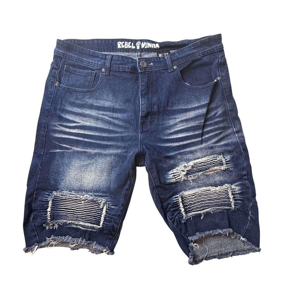 Rebel Minds Denim Shorts Mens 38 Blue Moto Distressed Raw Hem Streetwear Edgy